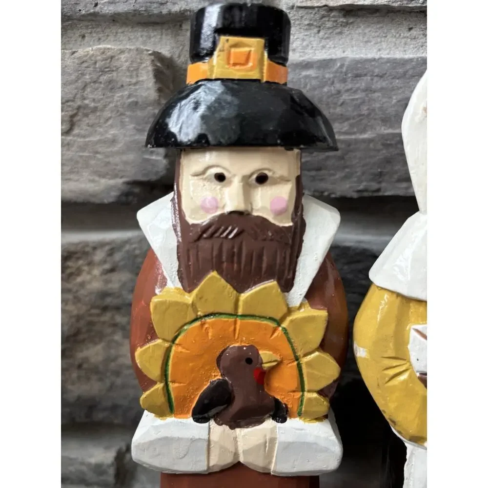 Vintage Hand Painted Wood Carved Harvest Pilgrims Man Woman Cottagecore Prairie